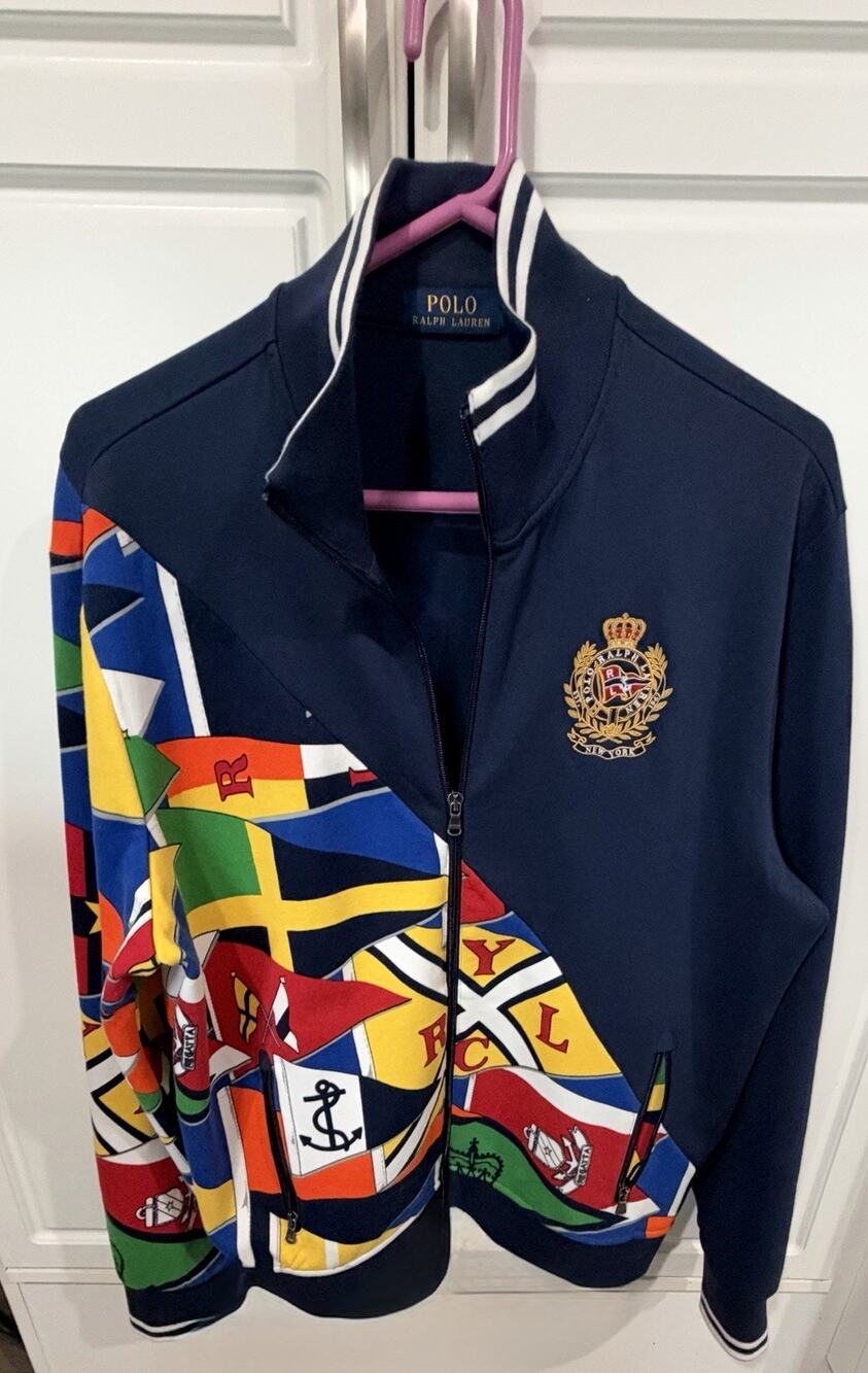 Polo Ralph Lauren Nautical Flag Track Jacket Mens Large Multi Color Crest